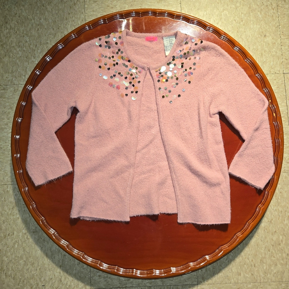 Vintage 90s Cardigan Sequins Lux Shiny Pink Hook & Eye  Sparkle Small Sweater